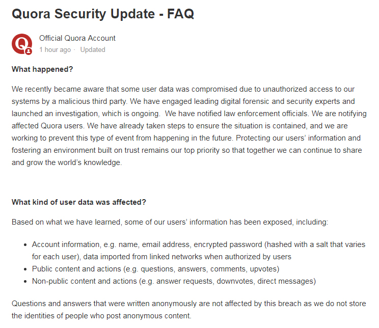 Quora Data Breach Notification Letter intro section
