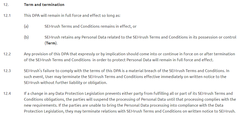 SEMrush Data Processing Agreement: Term and termination clause