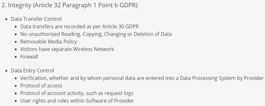 TimeTac Data Processing Agreement: Integrity clause for data transfer and data entry control