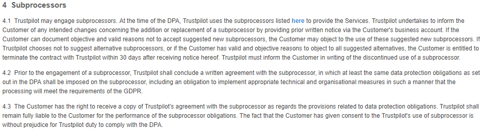 Trustpilot Data Processing Agreement: Subprocessors clause