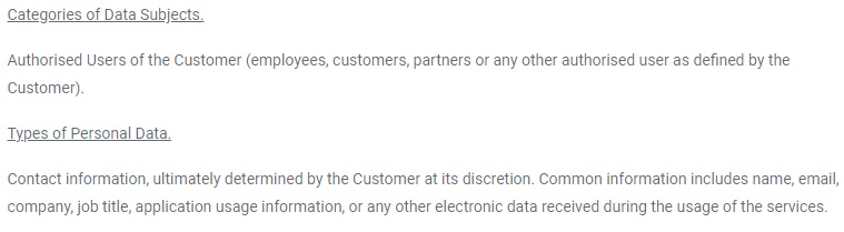 Virtual College Data Processing Agreement: Categories of Data Subjects and Types of Personal Data clause