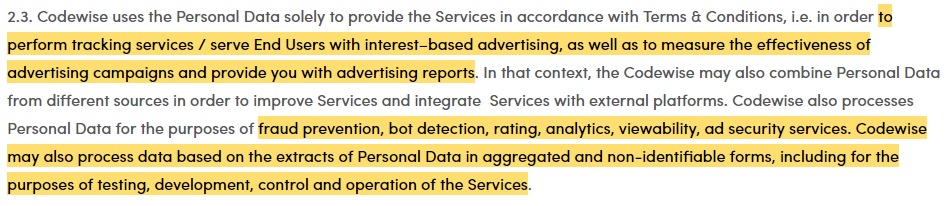 Voluum Data Processing Agreement: Clause discussing purposes for processing personal data