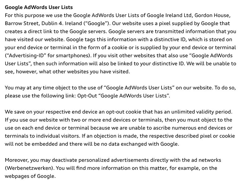 Audi Privacy Policy: Google AdWords User Lists clause