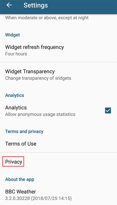 BBC Weather app: Settings menu with Privacy link highlighted