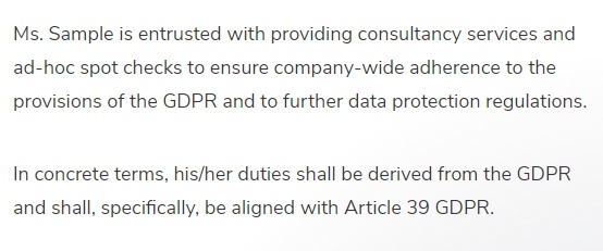 Ecomply Sample DPO Appointment Letter: Duties paragraph
