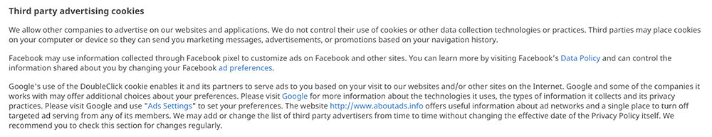 Geocaching Privacy Policy: Third-party advertising cookies clause