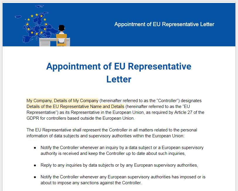 Sample: GDPR Appointment of EU Representative Letter Template