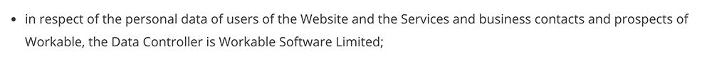 Workable Privacy Policy: Data controller clause