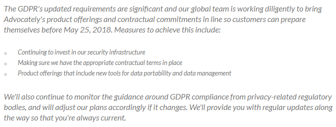 Advocately GDPR statement: Preparing for the GDPR section