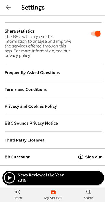 BBC Sounds Android app Settings menu screen