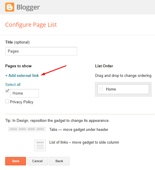 Blogger gadgets Configure Page List screen with Add external link highlighted