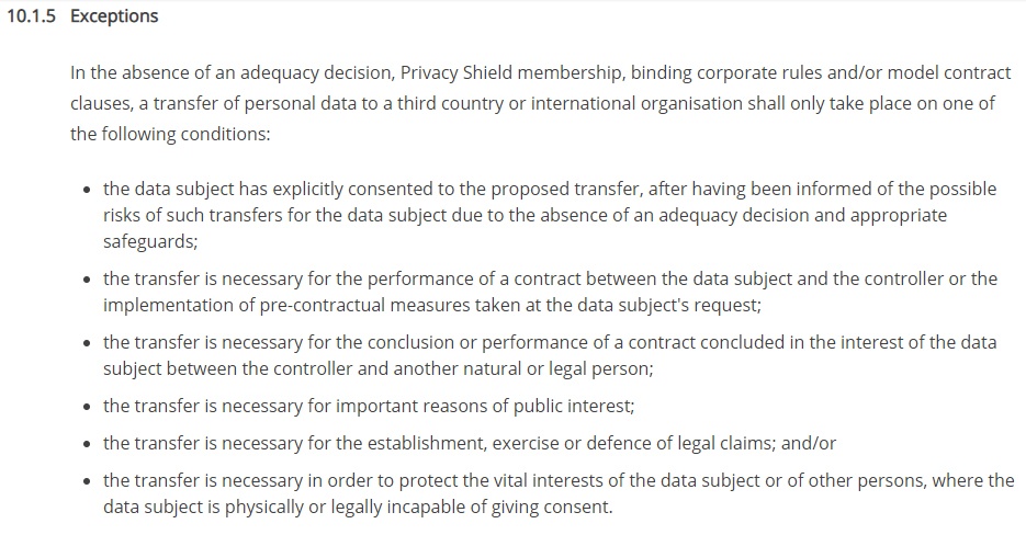 Capture Data Protection Policy: Data Transfers Exceptions clause