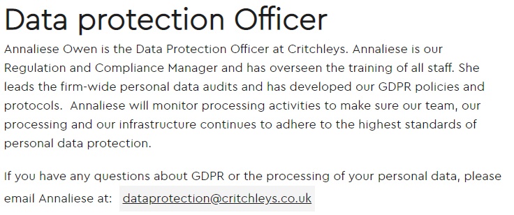 Critchleys GDPR Compliance Statement: DPO section