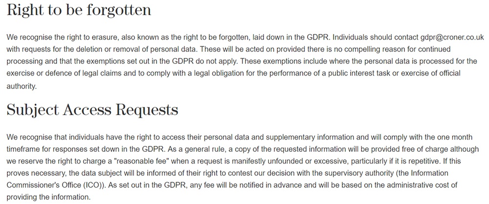 Croner Group GDPR Compliance Statement: Right to be Forgotten and Subject Access Requests sections