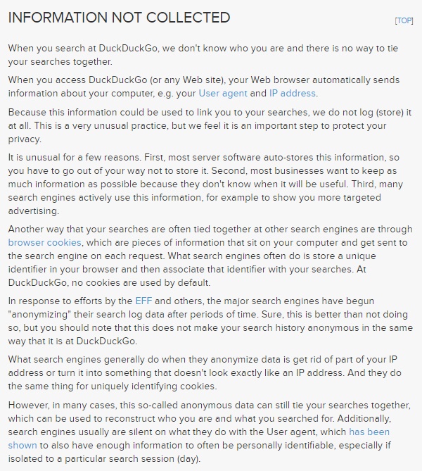 DuckDuckGo Privacy Policy: Information Not Collected clause