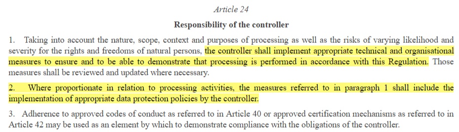 EUR-Lex GDPR Article 24: Responsibility of the Controller