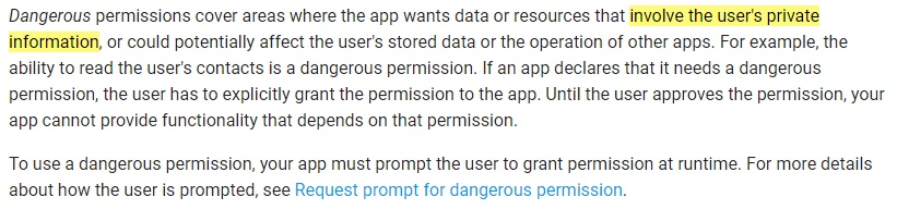 Google Android Developers documentation: Permissions overview - Dangerous definition