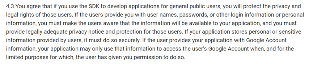 Google Android SDK Terms and Conditions: Protect privacy and provide privacy notice clause