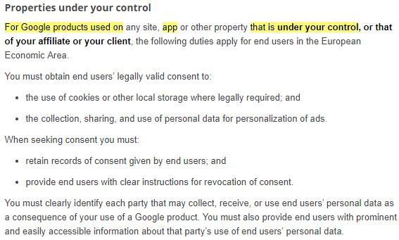 Google EU User Consent Policy: Properties under your control section