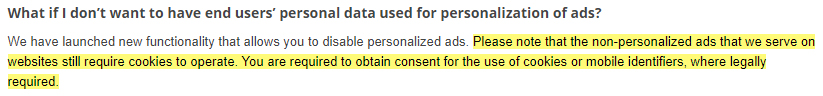 Google Help with the EU User Consent Policy: Non-personalized ads require cookies section