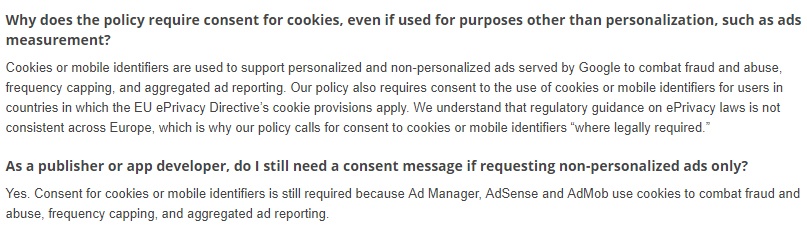 Google Help with the EU User Consent Policy: Why does the policy require consent for cookies for ads measurement and non-personalized ads sections