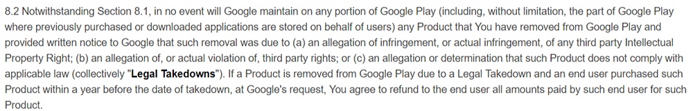 Google Play Developer Distribution Agreement: Legal takedown clause