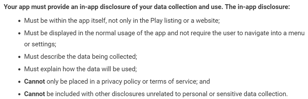 Google Play Privacy Security and Deception: In-app disclosure of data collection and use section