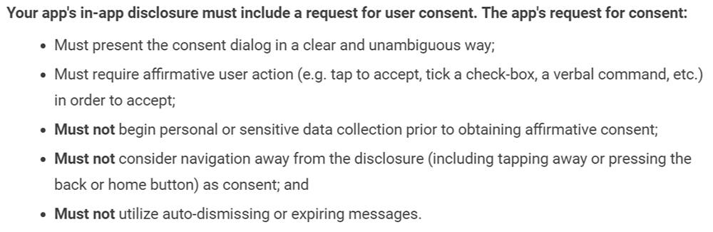 Google Play Privacy Security and Deception: Disclosure consent request requirements section