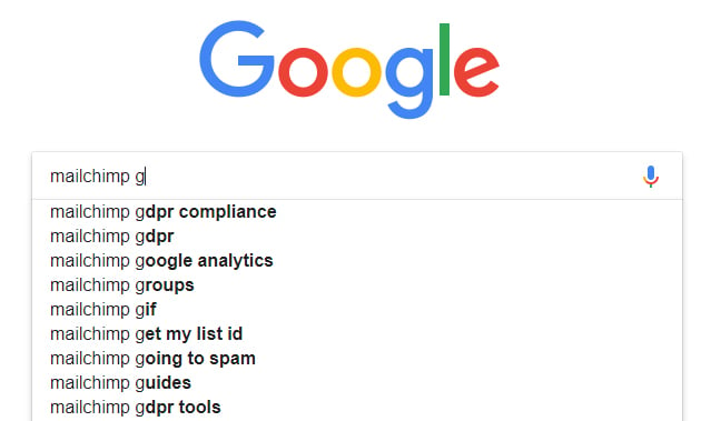 Screenshot of Google search predictions for MailChimp and GDPR