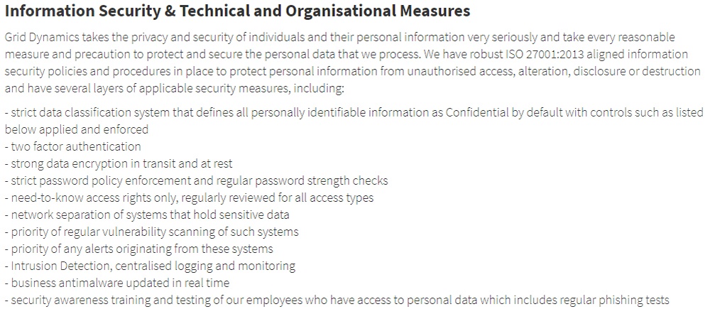 Grid Dynamics GDPR Compliance Statement: Information Security and Technical and Organisational Measures section