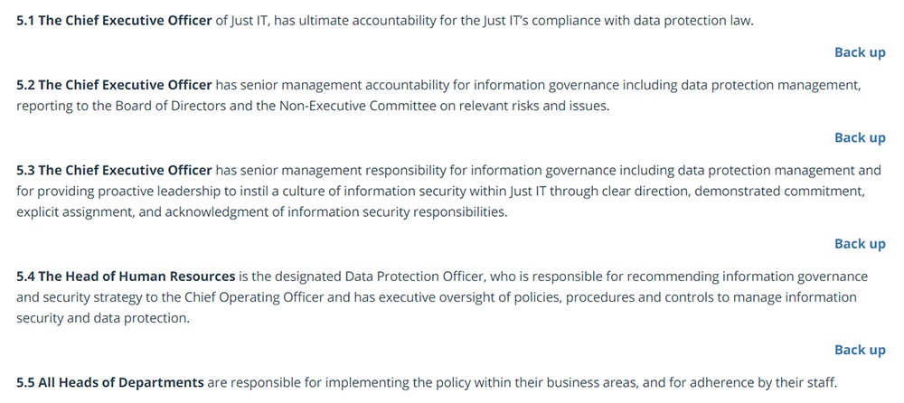 Just IT Data Protection Policy: Lines of Responsibility clause excerpt