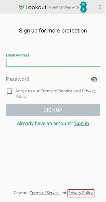 Lookout Android app sign-up screen with Privacy Policy highlighted