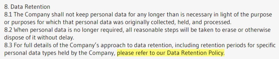 MCA Cooper Associates Data Protection Policy: Data Retention clause