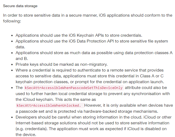 National Cyber Security Centre: Apple iOS Application development Guidance - Secure Data Storage section
