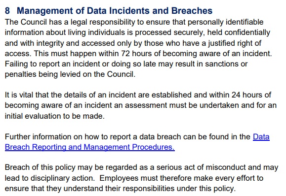 North Ayrshire Council Data Protection Policy: Management of Data Incidents and Breaches clause