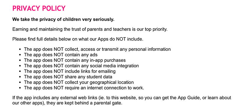 Screenshot of Phonic Flash Cards Privacy Policy