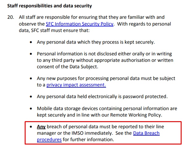 Scottish Funding Council Data Protection Policy: Staff responsibilities and data security clause with data breach procedures