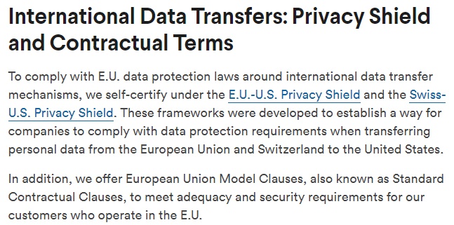 Slack GDPR Compliance Statement: International Data Transfers: Privacy Shield and Contractual Terms section