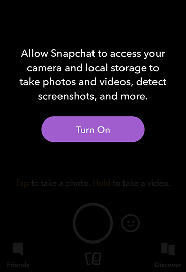 Snapchat app permission request screen to access camera and local storage