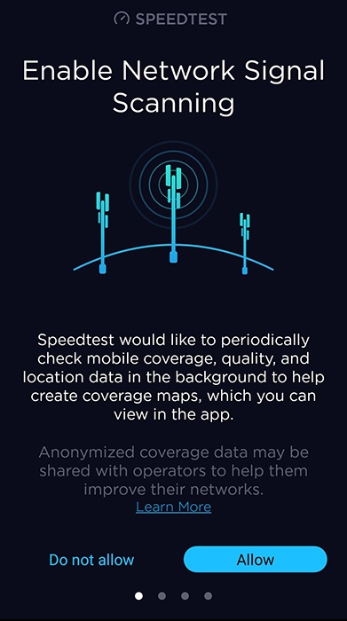 Speedtest App: Enable network signal scanning and share with third parties permissions request screen