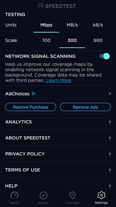 Speedtest app: Screen with menu with ad choices options