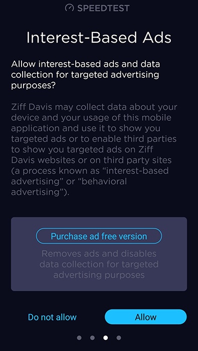 Speedtest app: Permissions request screen for interest-based ads