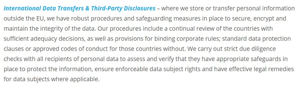 TenIntelligence GDPR Compliance Statement: International Data Transfers and Third-Party Disclosures section