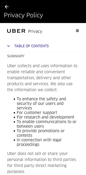 Screenshot of Uber Android app embedded Privacy Policy