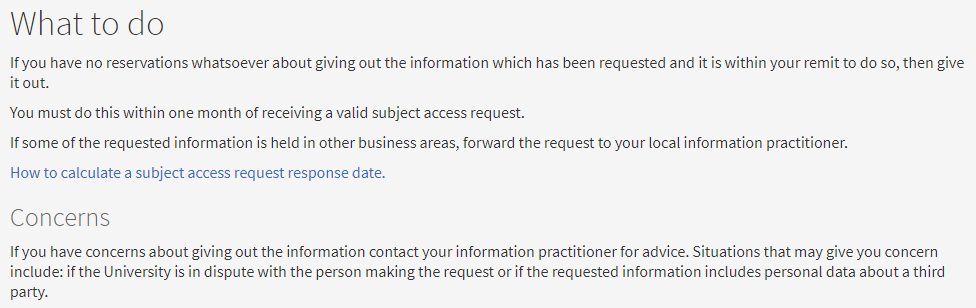 University of Edinburgh Records Management: Guidance for all Staff on Handling Subject Access Requests - What to do to respond and Concerns clauses