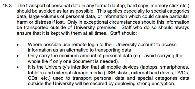 University of West London Data Protection Policy: Security - Transport of personal data clause