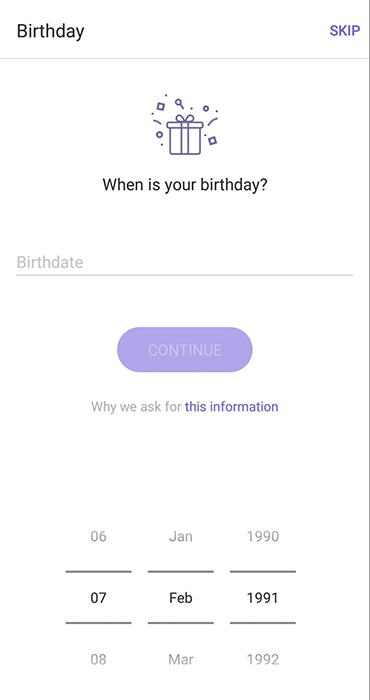 Viber app sign-up screen requesting birthdate