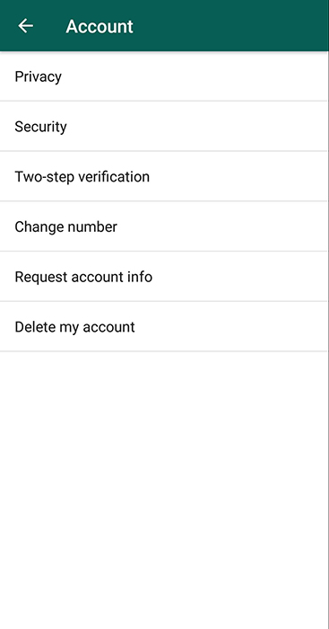 WhatsApp app account menu with Request account info and Delete my account