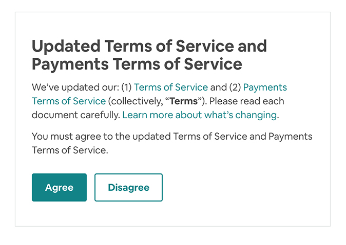 Airbnb notification about updated Terms of Service and Payments Terms with Agree and Disagree buttons