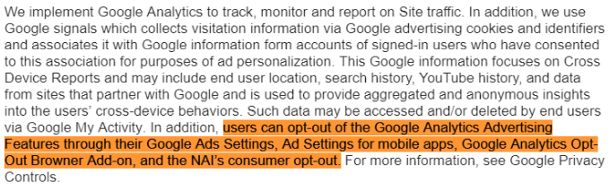 Deducting the Right Way Privacy Policy: Log Files and Cookies clause with opt-out section highlighted